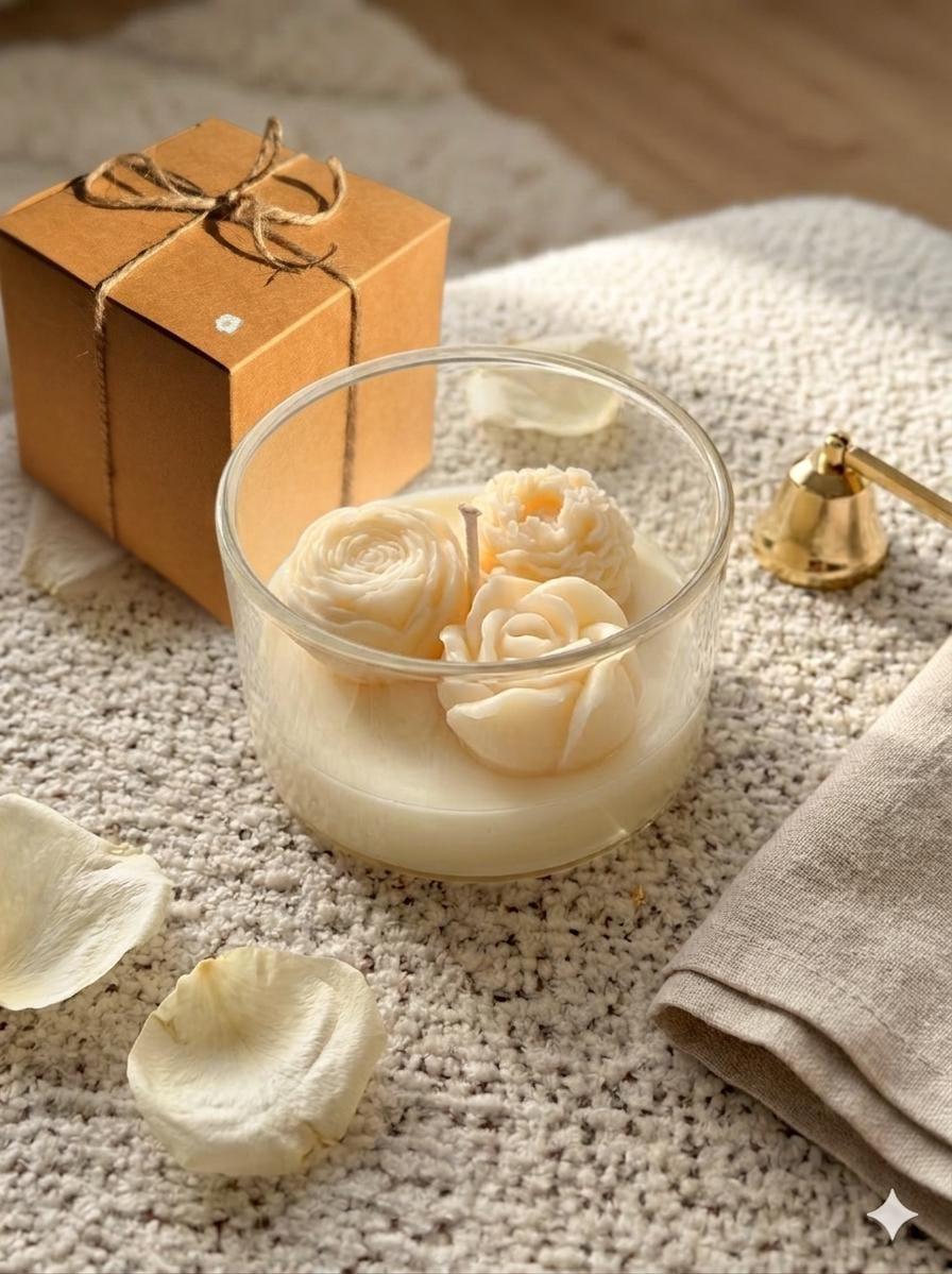 Handmade soy candle with rose-shaped wax blooms in glass jar, rustic gift box, and cozy home décor accents