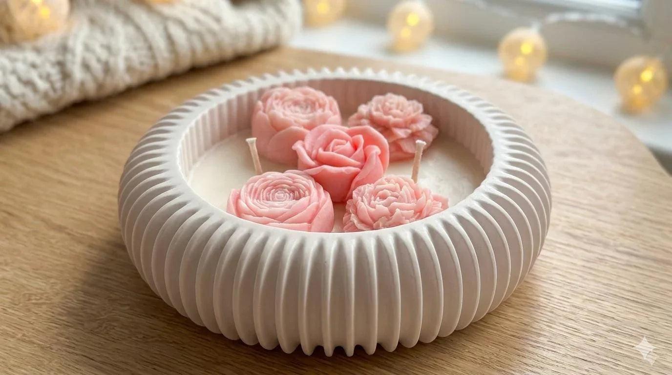 Handmade soy candle with pink rose blooms in a ribbed ceramic bowl, cozy Scandinavian home décor