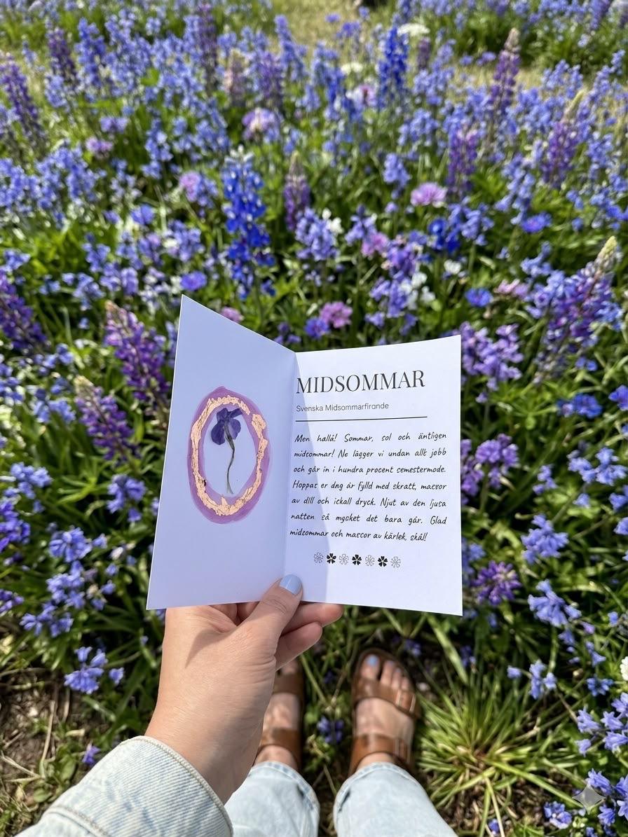 Hand holding Midsommar card with pressed flower, surrounded by purple wildflowers in a Swedish garden.