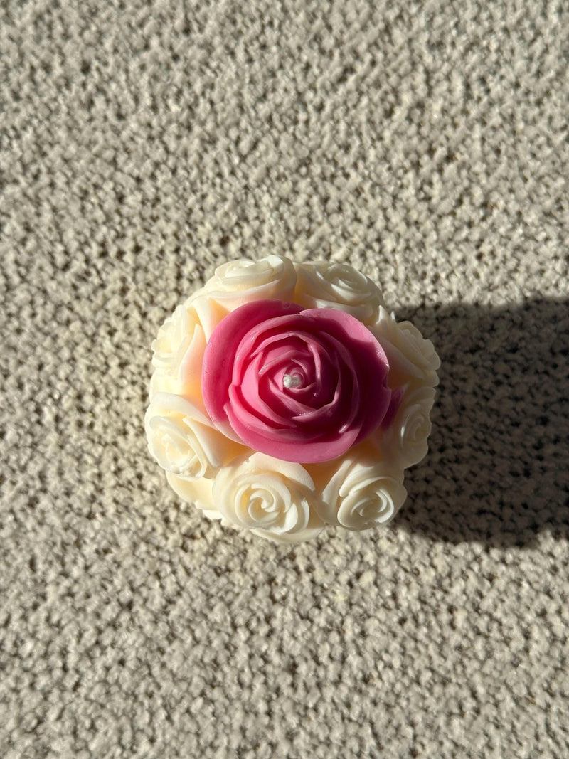 Handmade soy candle with pink rose center and white rose petals, Scandinavian home décor