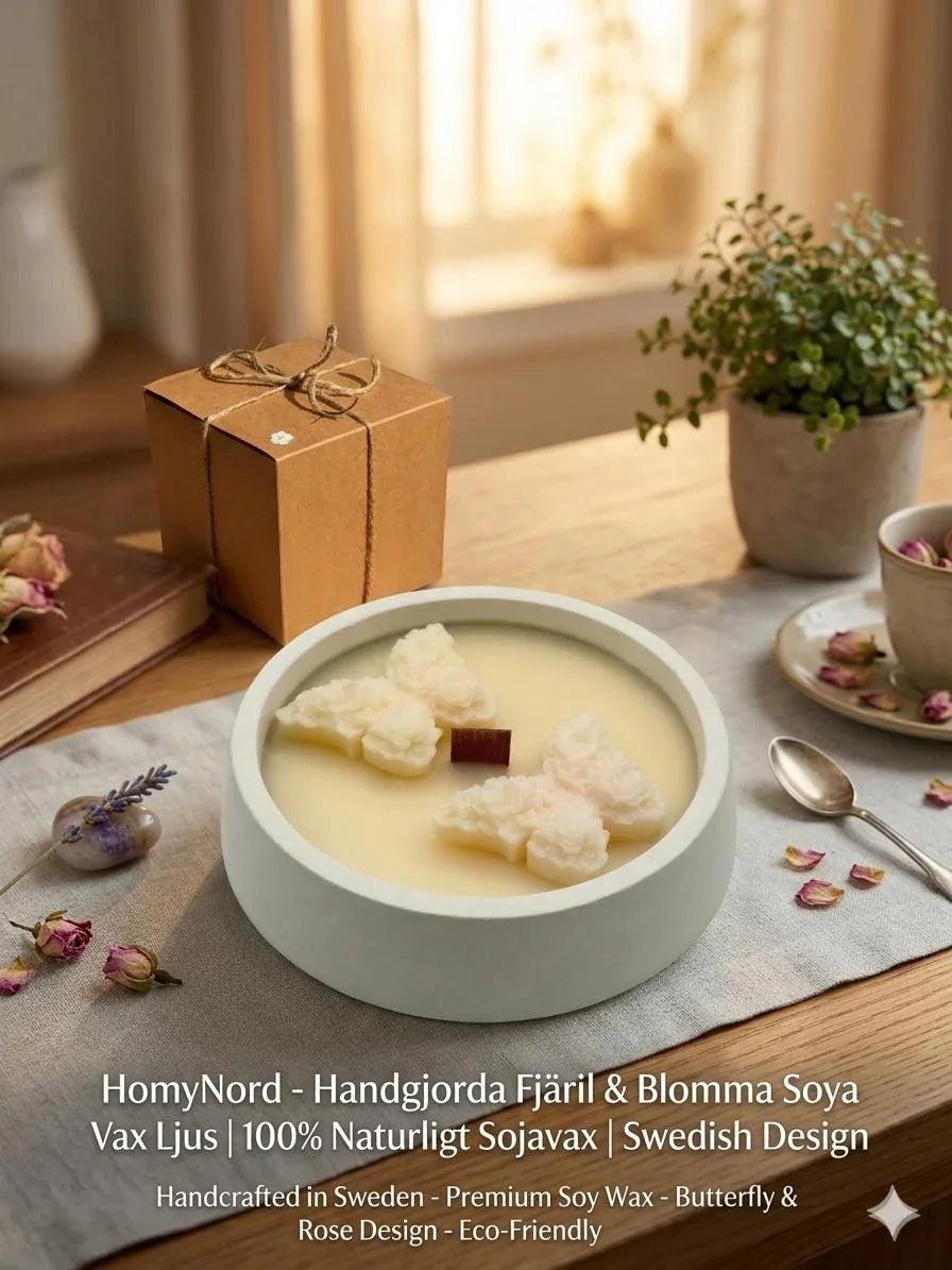 Handcrafted soy candle with butterfly & rose design, Swedish home décor, eco-friendly, cozy ambiance