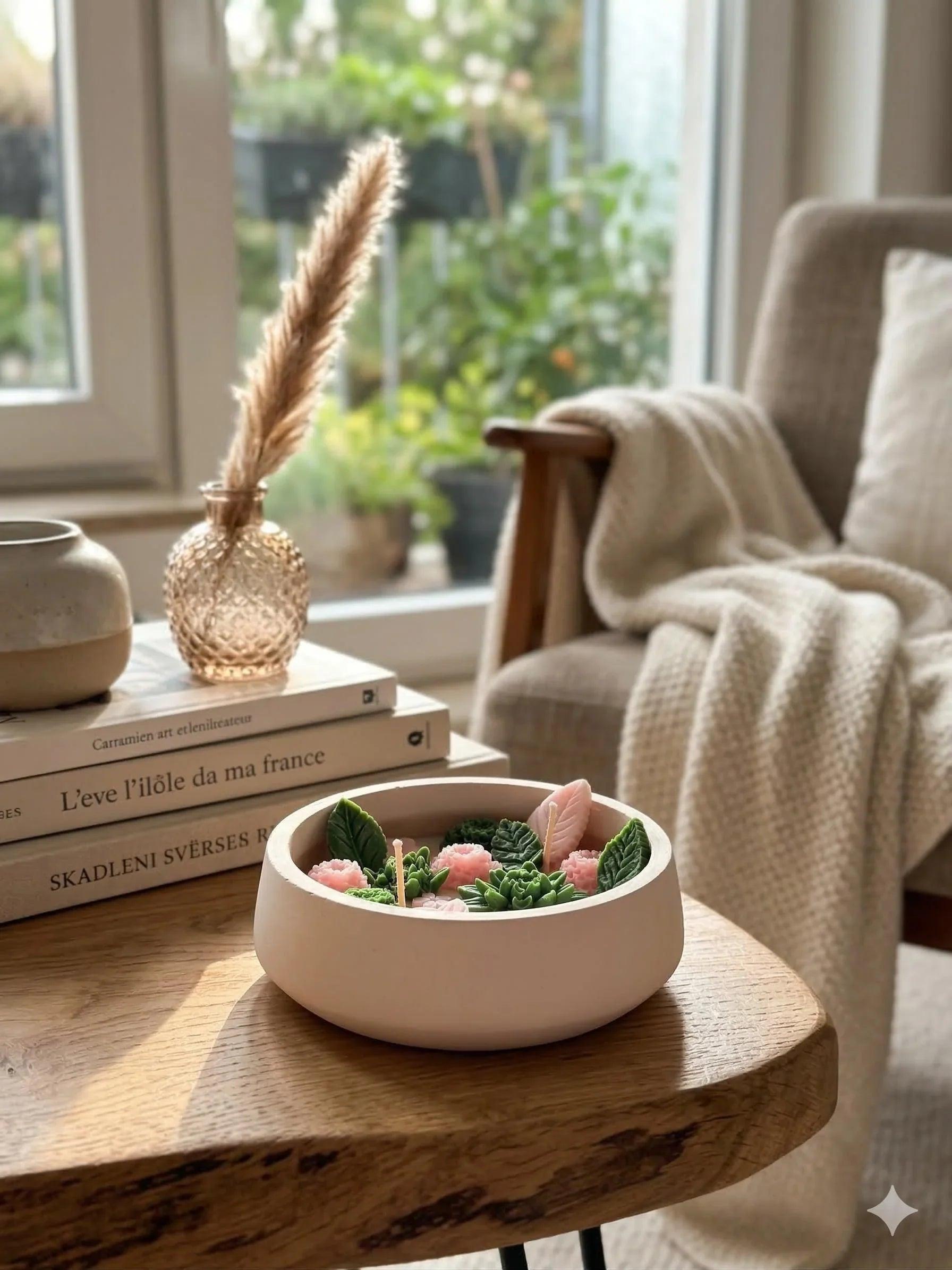 Handmade soy candle with succulent and floral design in ceramic bowl, Scandinavian home decor on wooden table